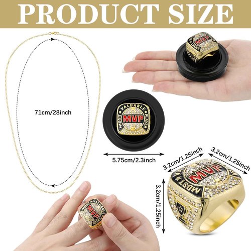 Loetere MVP Ring Most Valuable Player Ring Ball Games MVP Rings Sport Championship Trophy Ring with Display Neck Chain for Winner Tournament League Team Award Gift(Gold,12 Pcs)