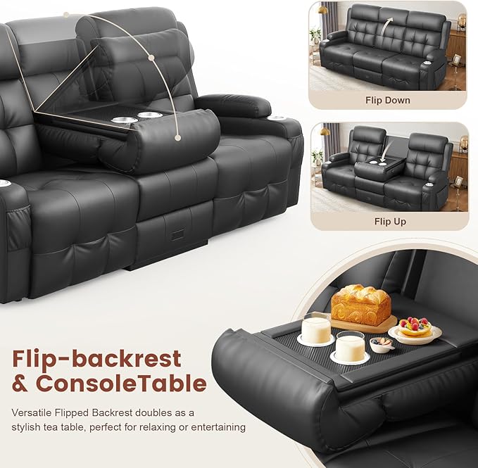 Aotolo Recliner Sofa, Massage Reclining Sofa 3 Seater Sets Heavy Weight Capacity, RV Loveseat Couch Clearance with Flip Back Console, Storage, Cup Holders, Wall Hugger Reclining Couch for Living Room