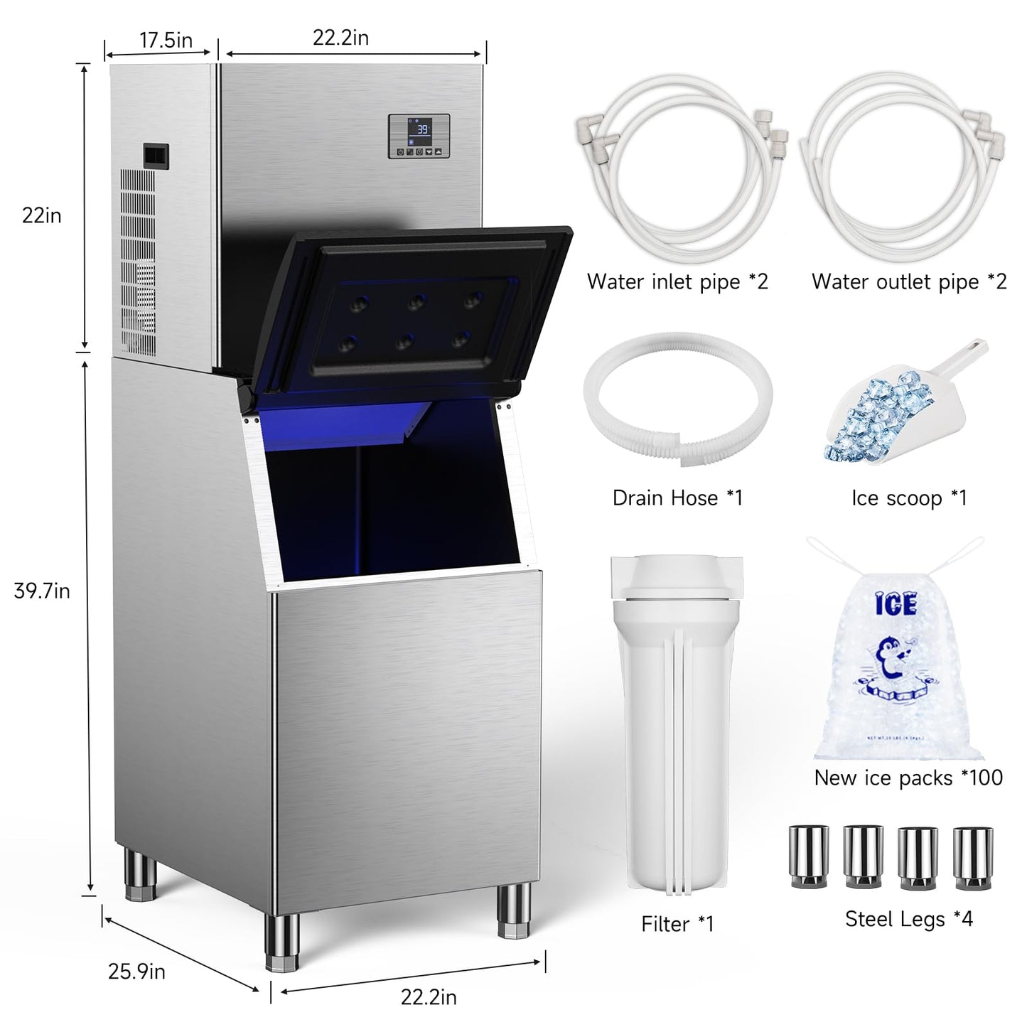 680 LBS/24H Commercial Ice Machine with 560 LBS Storage Bin, Ice Cubes Ready in 5-15 min, Stainless Steel Industrial Ice Maker, Self-Cleaning, Timing Function, Adjustable Ice Thicknesses