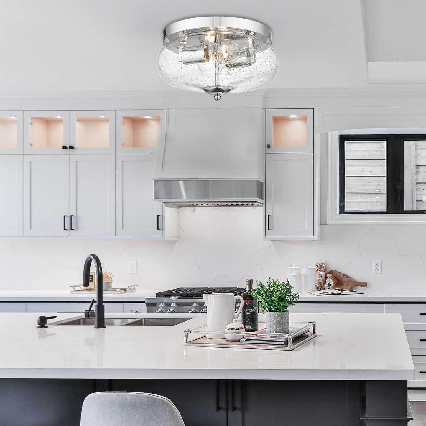 Darkaway Ceiling Light Fixtures Flush Mount Indoor Outdoor Ceiling Light with Seeded Glass Shade for Hallway Kitchen Bedroom Porch Living Room Dining Room Chrome Finish