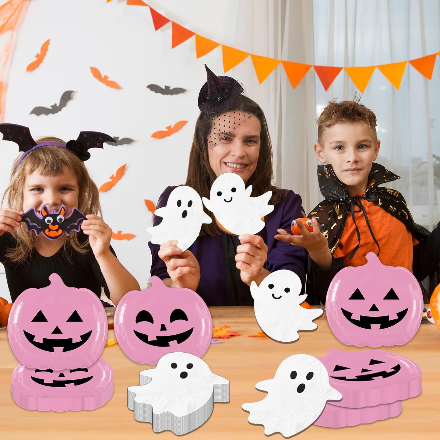 OGMOGKW Halloween Plates and Napkins,60pcs Pink Pumpkin Plates and Ghost Napkins Tableware Includes Cute Grimace Paper Plates and Spooky Napkins for Kids Birthday Pink Halloween Party Decorations