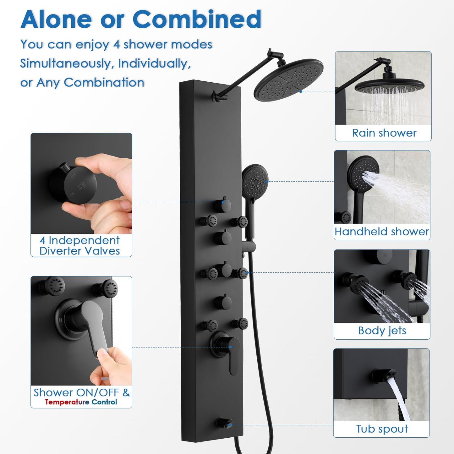 ROVOGO Shower Panel Tower System, 4-Function (Rain Shower, Handheld Sprayer, Body Jets, Tub Spout) with Simultaneous Use Option, Stainless Steel Shower Column with Adjustable Head, Black
