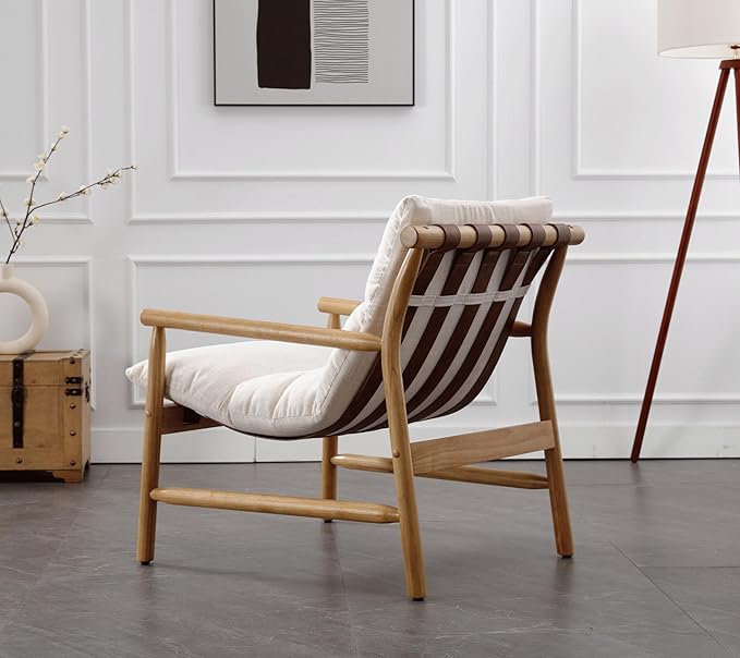 Linen Accent Chair Mid Century Modern Living Room Chairs Comfy Arm Chair with Solid Wood Frame Upholstered Lounge Reading Chair Cozy Recliner for Bedroom/Guest Room, Beige