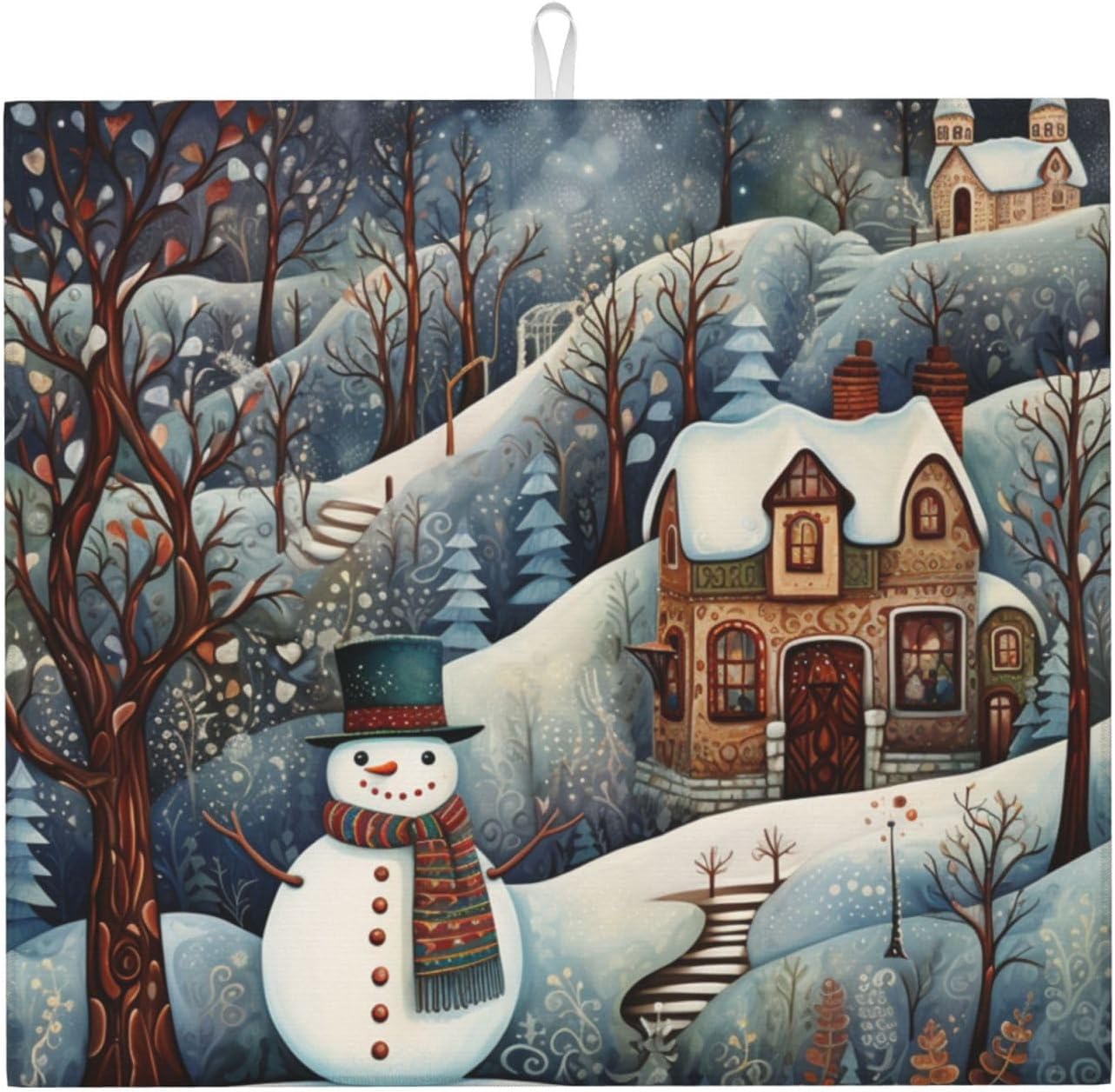 Dish Drying Mat Snowman Forest Winter House for Kitchen Counter Absorbent 16x18 Inch Microfiber Dishes Plate Glass Dry Draining Pad Reversible Washable