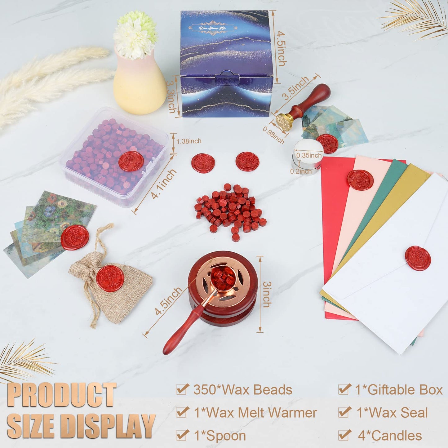 Yagugu Wax Seal Stamp Kit - 357Pc Set with Wax Beads, Seal Stamp, Warmer, Spoon, Candles - Vintage Envelopes Letters Mailing Crafts Gift (Wine Red)
