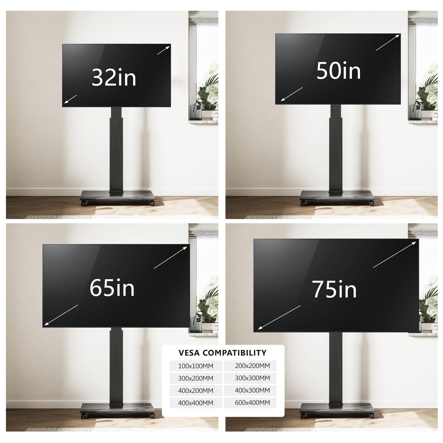 FITUEYES Rolling TV Stand - Portable Mobile TV Cart on Wheels for 32 to 65 70 75 Inch TVs, Landscape to Portrait Rotating and 40°Swivel, Height Adjustable TV Cart Rolling TV Stand Hold Up to 88 Lbs
