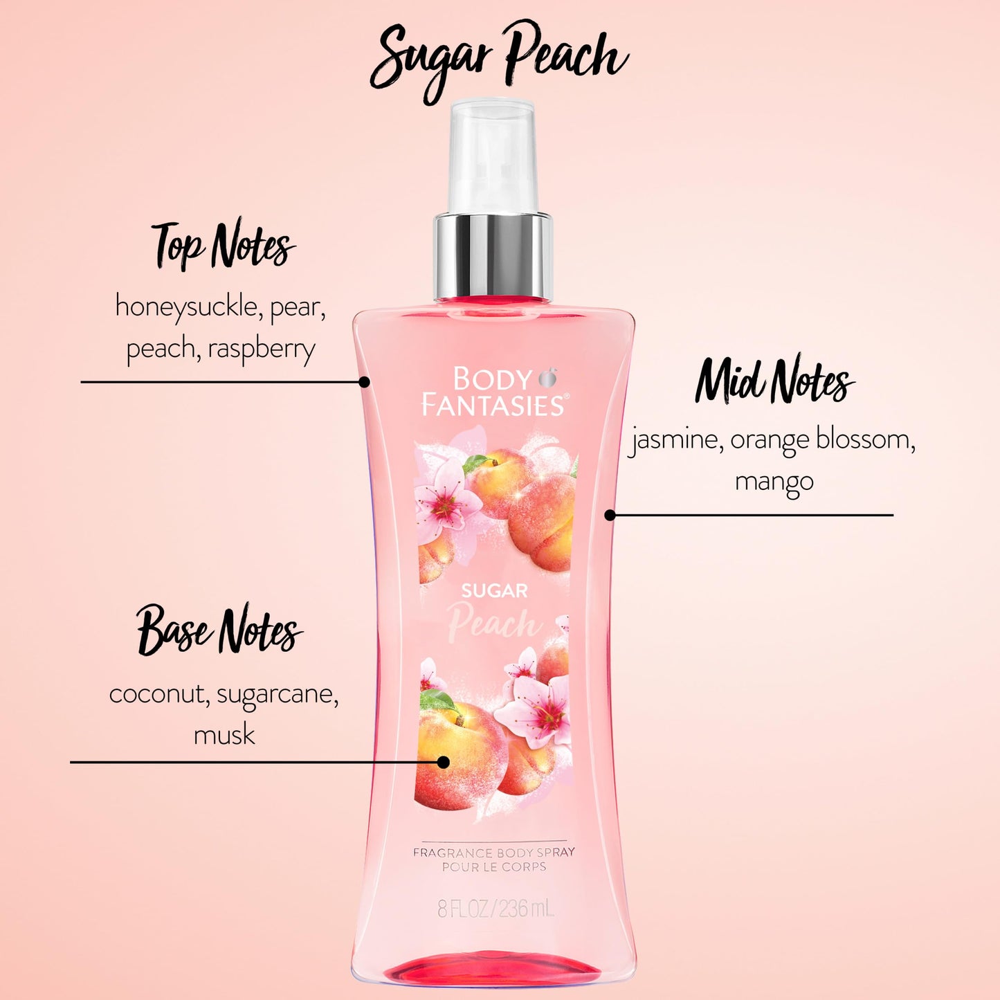 Body Fantasies Signature Fragrance Body Spray, Sugar Peach, 8 fl oz