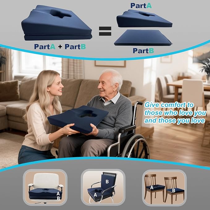 Rivquvi Gel Wheelchair Seat Cushion,Bed Sore Cushions for Butt,Office Chair Pressure Sore cushion,Memory Foam Pillow for bed,Pressure Ulcer Pain Relief,Relieve Sciatica,Coccyx,Washable Cover(Set Blue)