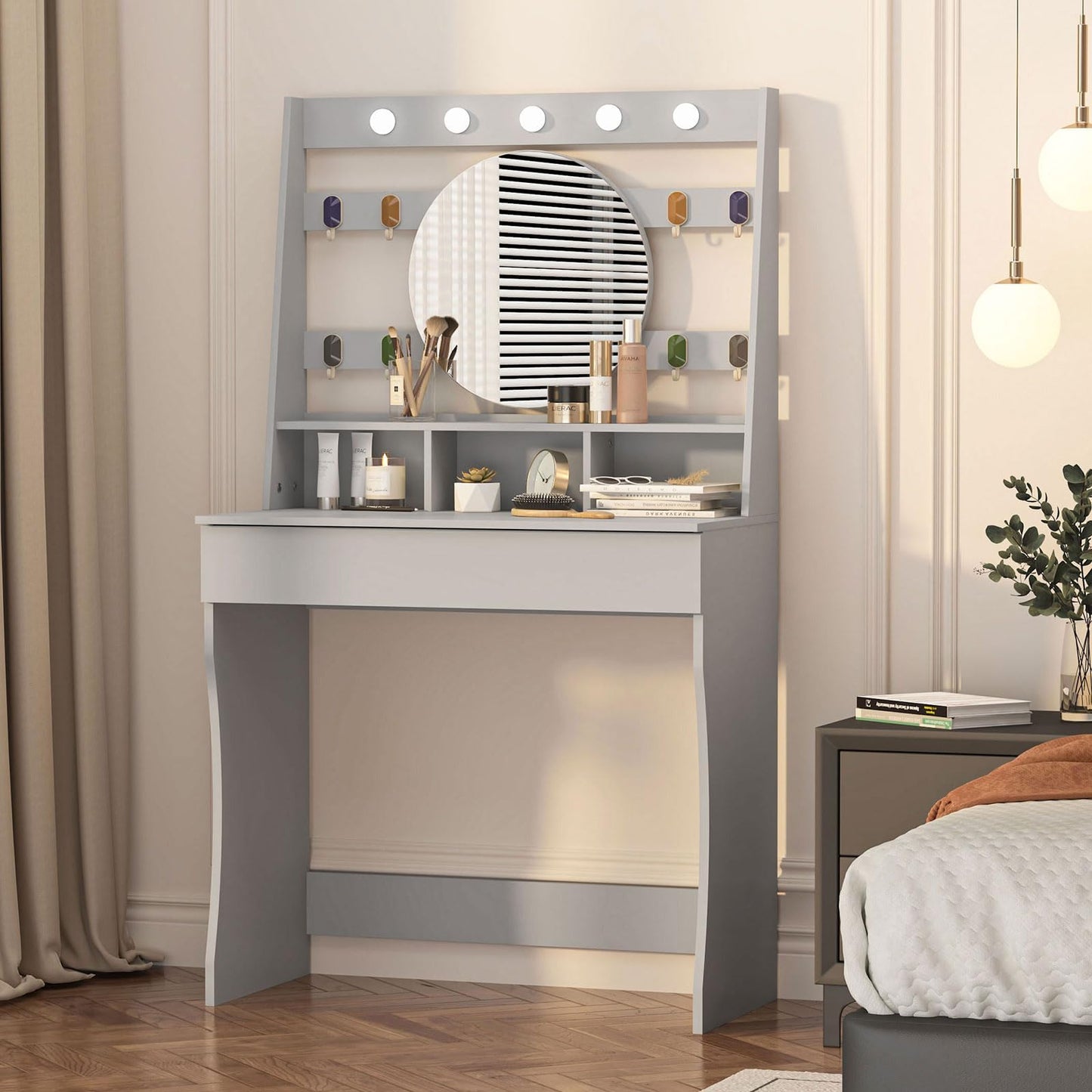HedoAjim Vanity Desk with Lights, Makeup Table with Mirror, Dressing Table with 5 Hollywood Bulbs, 3 Adjustable Lighting Colors, Small Vanity Desk for Bedroom (Grey)