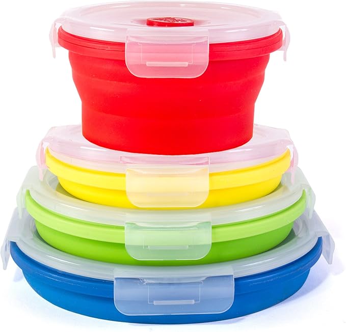 Thin Bins Collapsible Containers Set of 4 Round Silicone Food Storage Containers BPA Free, Microwave, Dishwasher and Freez...