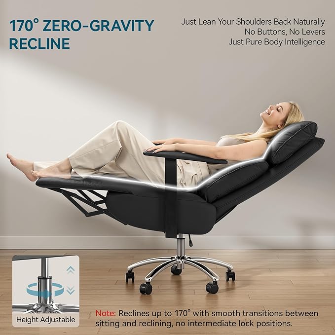 OKUP Reclining Office Chair with Adjustable Headrest and Footrest, 170° Ergonomic Comfortable Office Chair Zero Gravity, Leather Executive Home Office Desk Chair (Black)