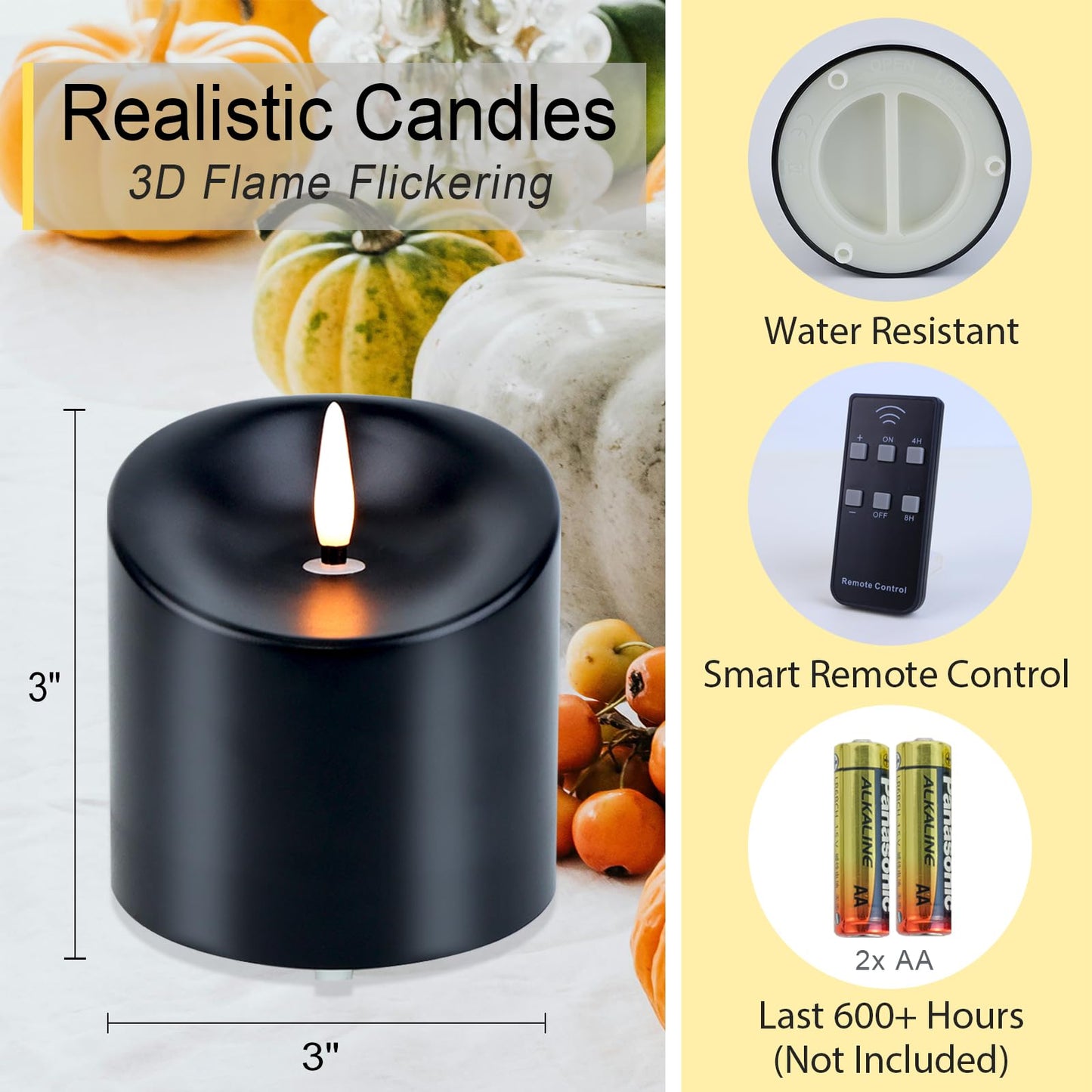 TECHLONG 3"x3" Black Flickering Flameless Candles, Waterproof Halloween Battery Operated Candles with Remote Timer, Last 600 Hours Electric Fake Black LED Candles for Gothic Room Decor, Set of 6