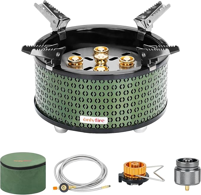 ONLYFIRE OUTDOOR LIVING Portable Camping Gas Stove with Storage Bag & Gas Adapters, 5 Burners Propane Stove for Outdoor Pa...