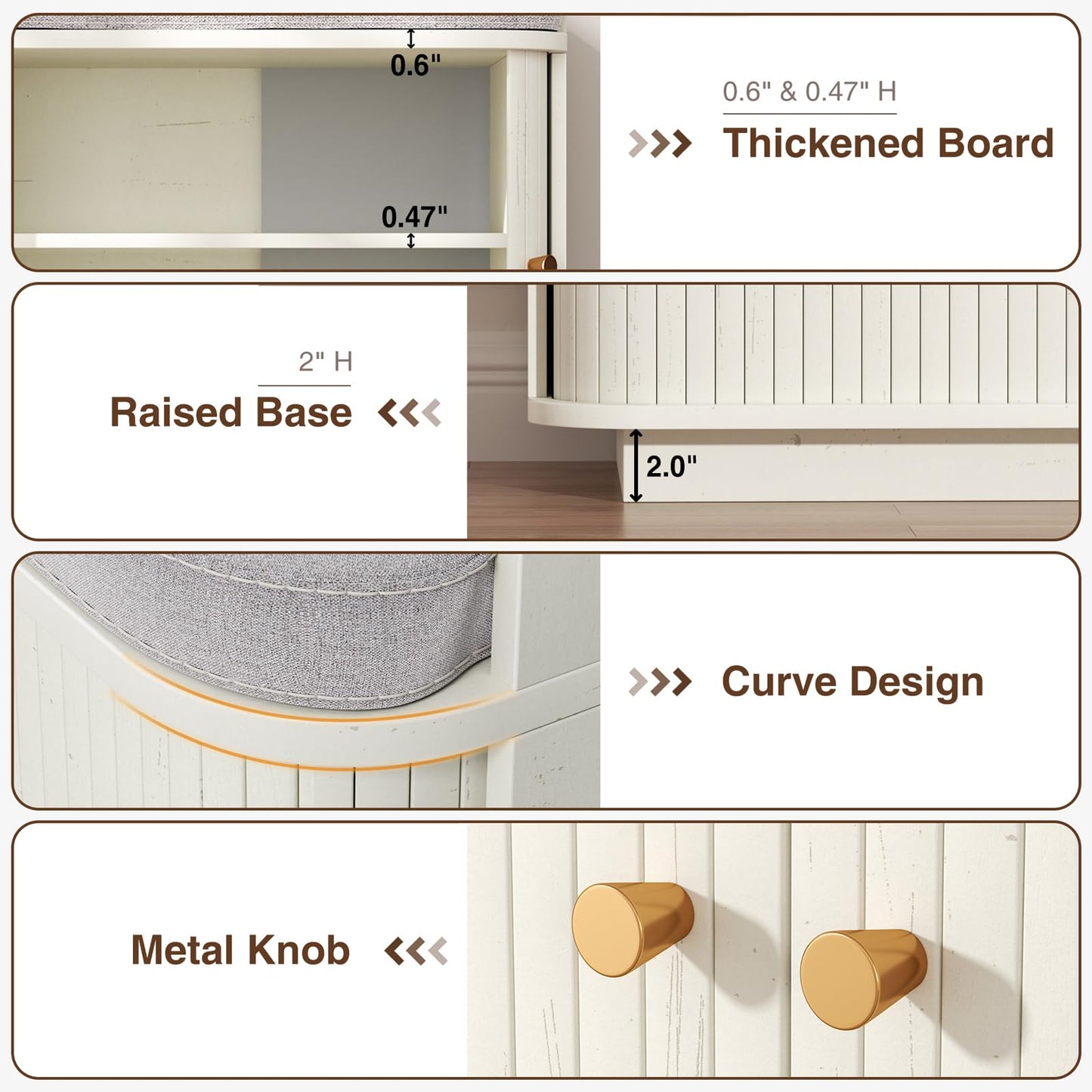 AKMAKM Cream White 39.4" W 2-Tier Shoe Bench | Entryway Bench with Padded Cushion, Sliding Doors & 5 Hooks for Hallway, Mudroom