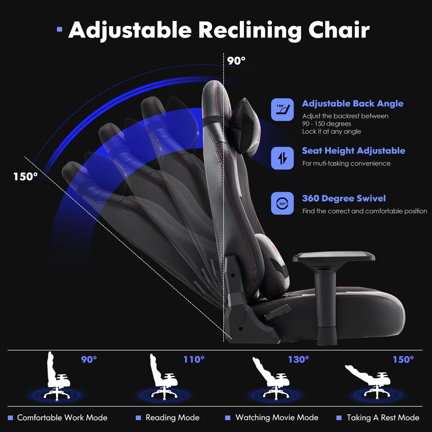 Big and Tall Gaming Chair with Footrest 350lbs, Computer Gamer Chair, High Back PC Gaming Chairs with Wide Seat, Lumbar Support, Armrest for Adults-Black