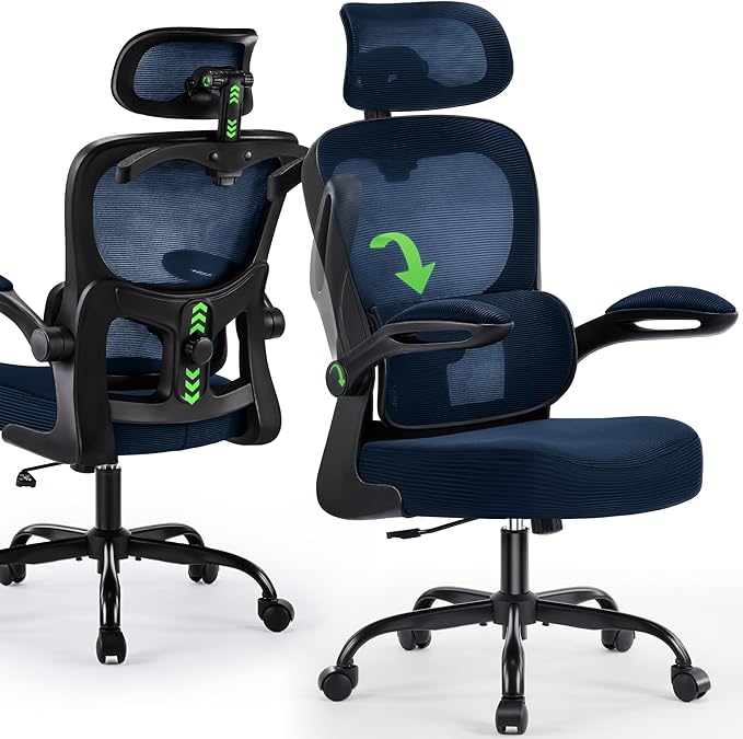 AreShark Office Chair Ergonomic Desk Chairs with Adjustable Lumbar Support& Headrest Hanger, High Back Breathable Mesh Chair with Wheels, Rolling Swivel Comfy Task Computer Chair for Home Work Gaming