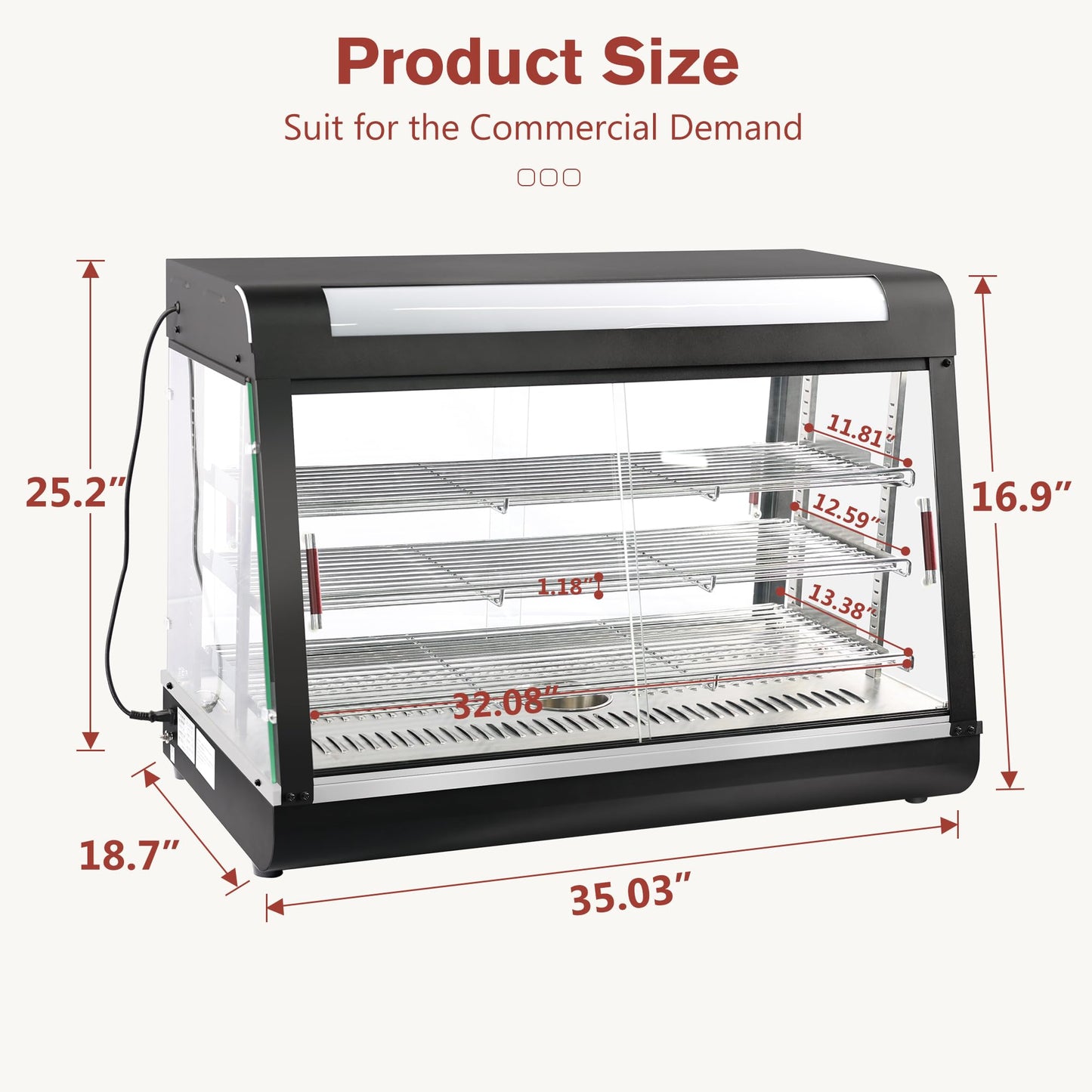 Countertop Food Warmer,Three Tier Commercial Warmers for Food Display, Glass case, with LED Lighting Removable Shelves Pastry for Buffet Restaurant L35'' x W19'' x H25''