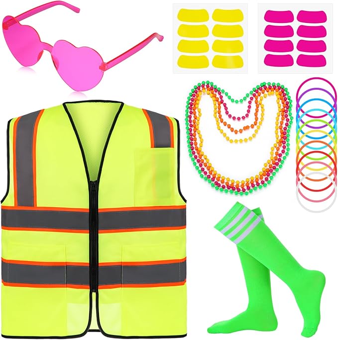 Skicuff Neon Outfit Neon Costume Accessories Reflective Vest Sunglasses Necklace Bracelet for Glow Party Football Game