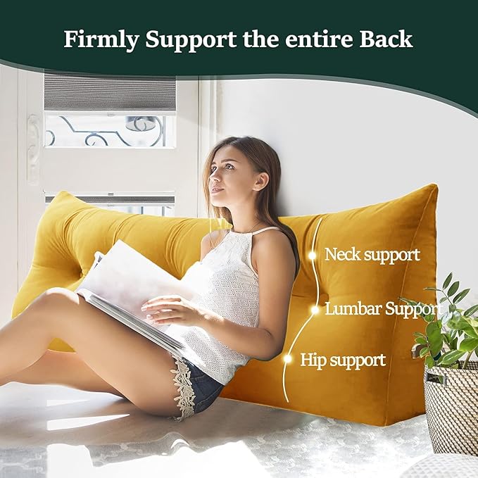 Bed Wedge Headboard Pillow - College Dorm Reading Pillow Back Support While Sitting in Bed - Ergonomic Lumbar Pillow Body Positioning Bed Pillow - Velvet Golden Yellow 54IN
