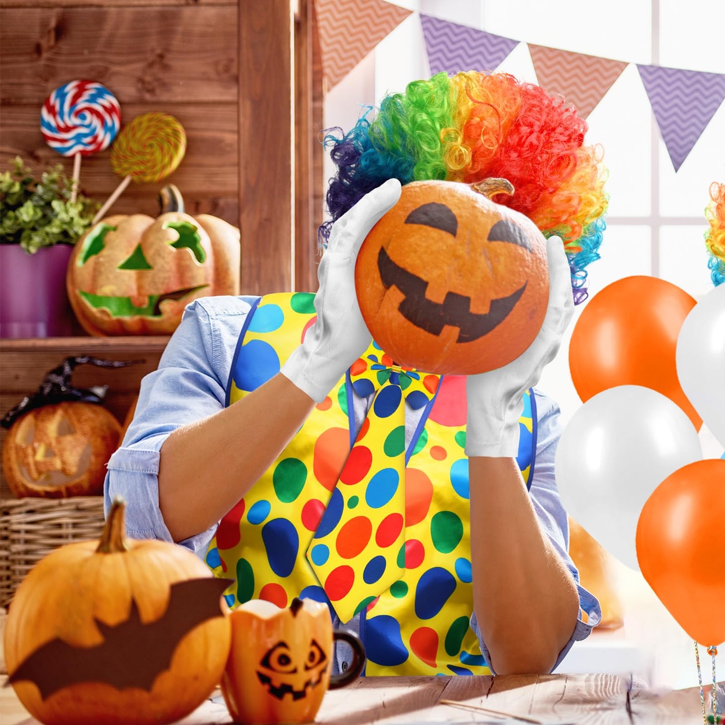 Funtery 12 Pcs Clown Costume Set - Clown Nose, Vest, Wig, Bow, Tie, White Gloves for Circus Cosplay Party