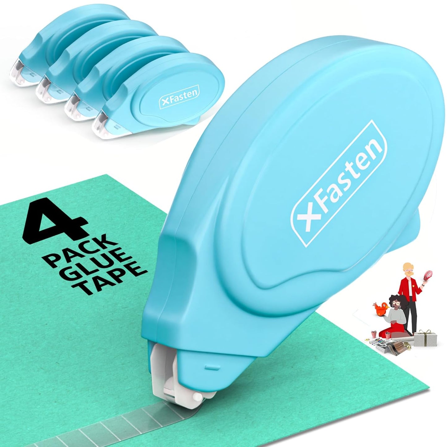 XFasten Glue Tape Roller for Scrapbooking 4-Pack Acid-Free Blue Double Sided Tape Roller for Crafts, Photos, Bullet and Junk Journaling Supplies - Scrapbook Adhesive Runner (0.3 in x 30 ft)