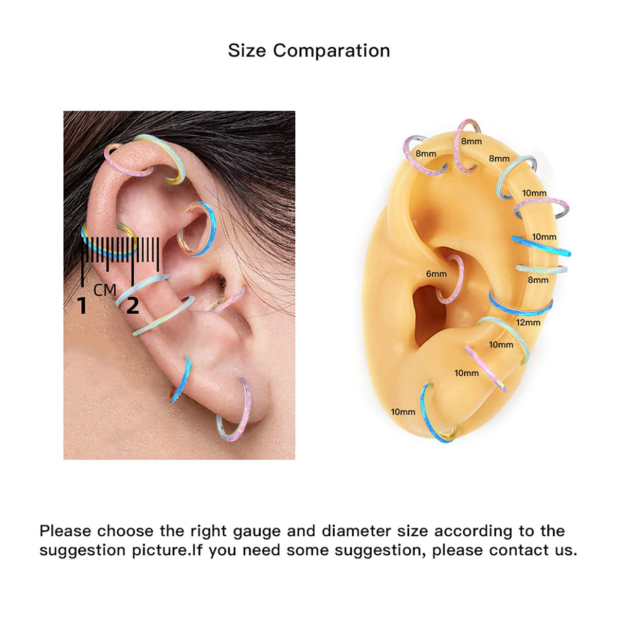 WBRWP 316L Stainless-Steel Flat-Piercing-Ring Hinged Nose-Rings-Hoop with White Opal 20G(0.8mm) Segment Clicker Lip Rings Daith