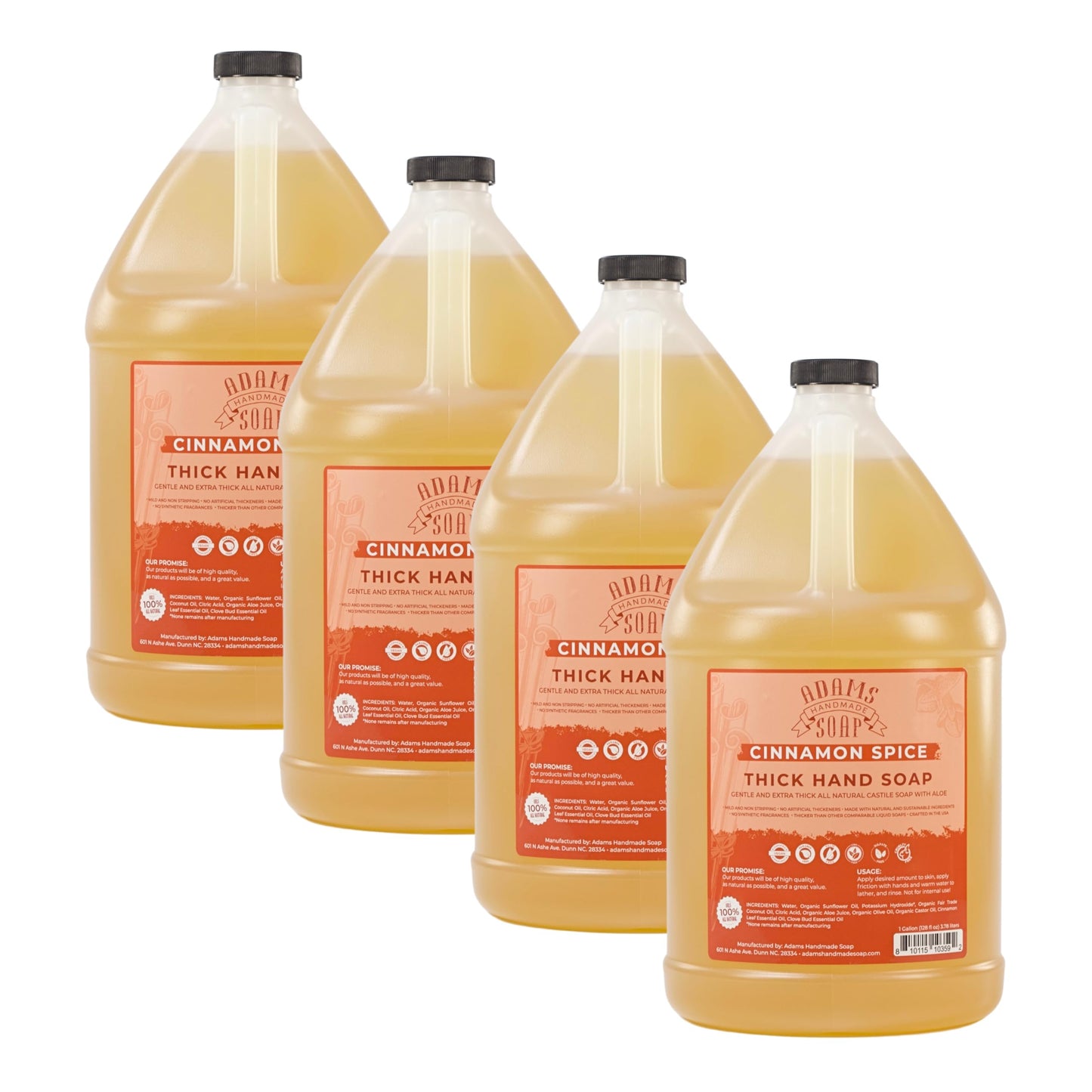 Adams Handmade Soap Thick Organic Castile Liquid Hand Soap 1 Gallon Refill - Cinnamon Spice (Pack of 4)