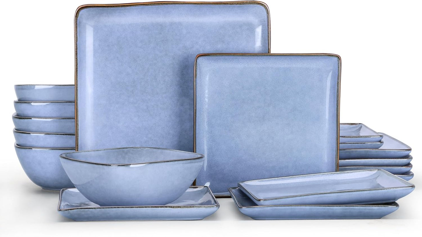 E-far Square plates and bowls Sets for 6, 18-Piece Reactive Glaze Stoneware Dinnerware Sets, Porcelain Dishware Sets for Kitchen Home, Microwave & Dishwasher Safe, Ocean Blue