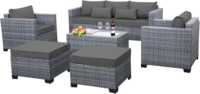 Lviden 6 Pieces Wicker Patio Furniture Sets Outdoor Conversation Set HDPE Rattan Sectional Sofa Couch with Storage Table and Grey Cushions
