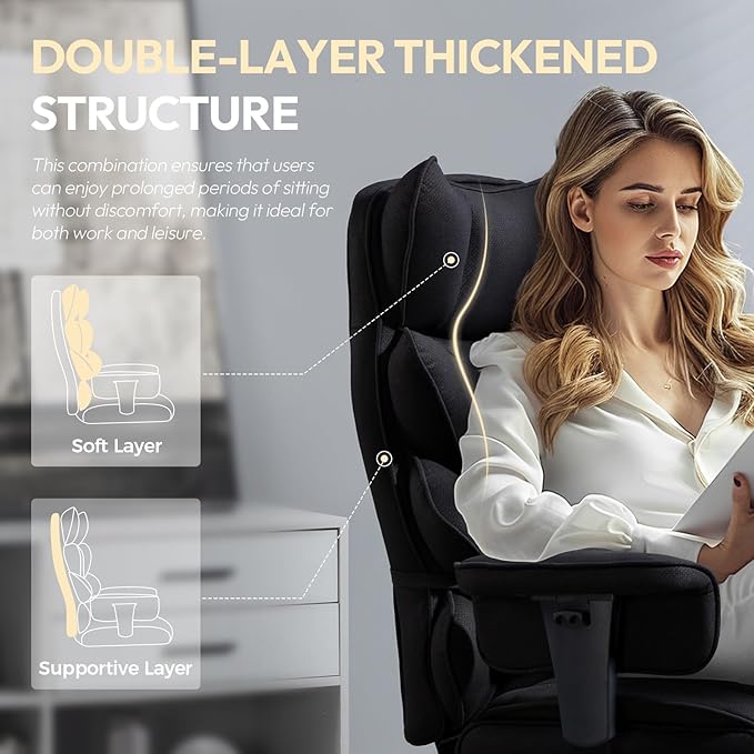 Dowinx Big and Tall Office Chair with Pocket Spring Cushion,High Back Computer Gaming Chairs with Adjustable Armrests,Executive Desk Chairs with Lumbar Support and Footrest,Fabric-Black