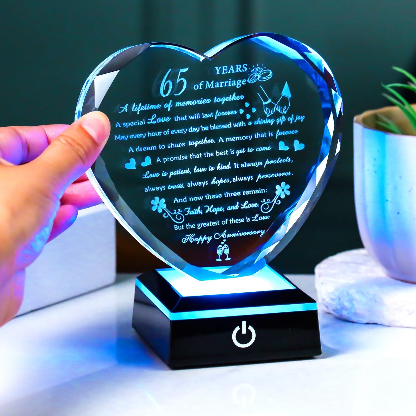 Happy 65th Wedding Anniversary Crystal Gifts for Couples Parents with Light Base, Romantic Heart 65th Anniversary Keepsake Gifts for Her Him, 65 Years of Marriage Gift for Wife Husband