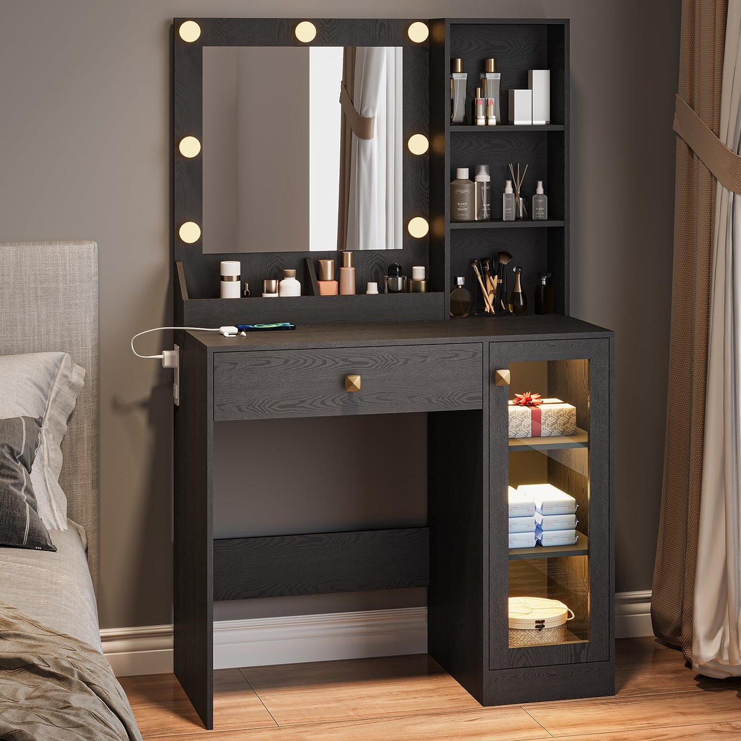 Thacuok Vanity Desk with Mirror and Lights, 33.5'' Makeup Table with Charging Station & RGB Glass Cabinet, Small Vanity with 3 Color Lighting Modes & Adjustable Brightness, Black