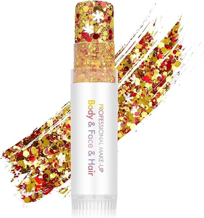 Body Glitter Stick, Holographic Sparkling Sequins Neon Outfit Party Super Sparkly Face Paint Rave Festival Accessories Glitter Gel Makeup.(Gold & Red & White)