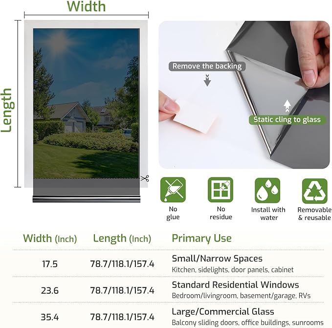 LUTE One Way Window Privacy Film, Window Tint for Home, Sun Blocking UV Heat Blocker, See Out Not in Reflective Mirror Film, Removable Static Cling Glass Door Cover, Black Silver, 17.5" x 157.4"