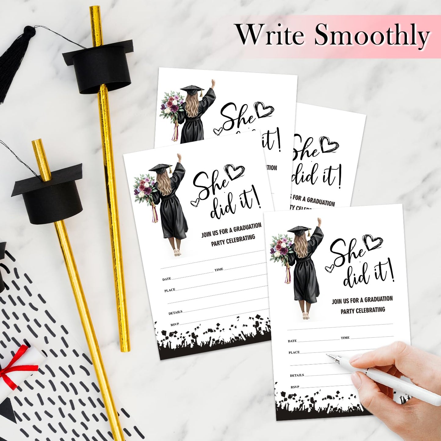ZSHFMY Graduation Party Invitations, She Did It Graduation Invitation Card, 20 Invitation With Envelopes, Grad Party Announcement Invite Cards For High School University -Invite03