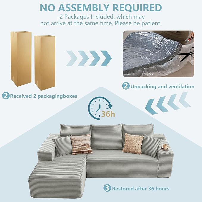107" W Cloud Sectional Couch with L-Shape Chaise, Modern Corduroy Boneless Couch for Living Room,Memory Foam Sofa with Deep Seat,No Assembly Required (Grey,Left-Facing Chaise)