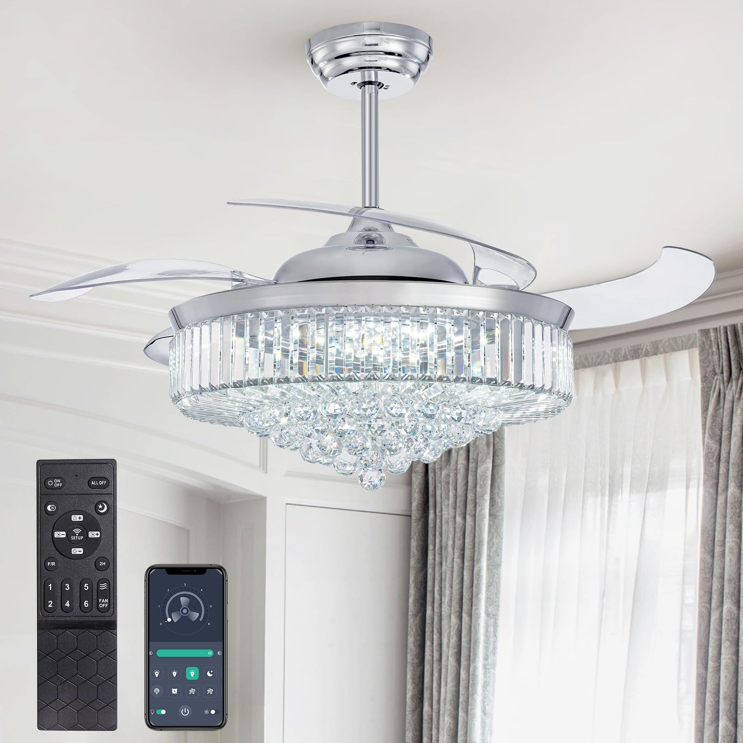 MOOONICHE 52 Inch Fandelier Ceiling Fan with Lights and Remote, Dimmable Crystal Chandelier Fan, LED Crystal Fan Light Kit for Dining Room Bedroom-Chrome