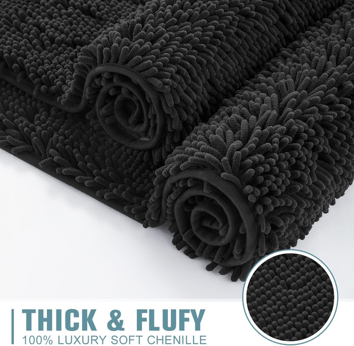 SONORO KATE Bathroom Rug,Non-Slip Bath Mat,Soft Cozy Shaggy Thick Bath Rugs for Bathroom,Plush Rugs for Bathtubs,Water Absorbent Rain Showers and Under The Sink (Black, 36" x 24" Plus 17" x 24")