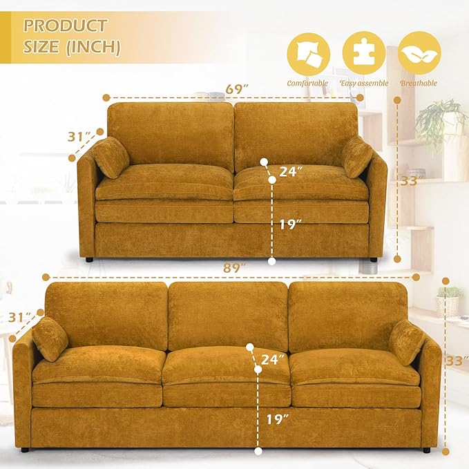 ACMEASE 2 Pieces Chenille Sofa Set w/Throw Pillows, Upholstered Loveseat & 3 Seater Sofa w/Comfortable Back Cushions, Modern 2-Seat & 3-Seat w/High-Density Foam for Living Room, Apartment, Yellow