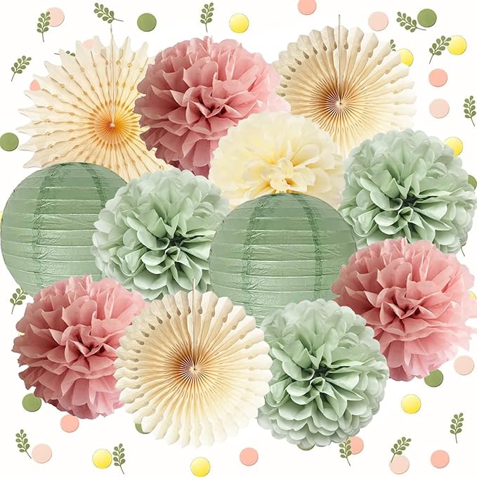 Dusty Pink and Sage Green Party Decorations Dusty Rose Sage Green Tissue Pom Poms Paper Lanterns Confetti Dots Scatter Tab...