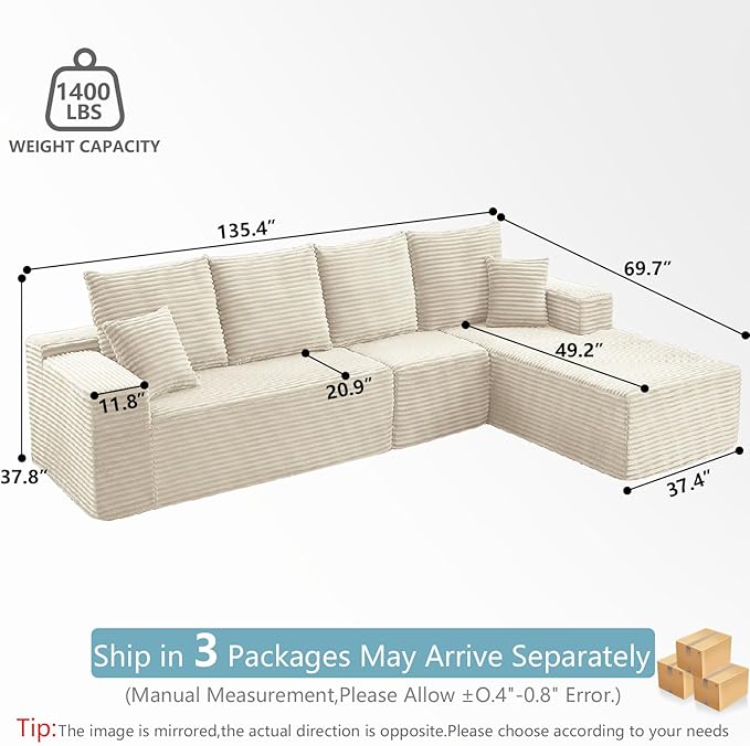 135.4" Cloud Sectional Couch with L-Shape Chaise, Modern Corduroy Boneless Couch for Living Room,Memory Foam Sofa with Deep Seat,No Assembly Required (White,Right-Facing Chaise)