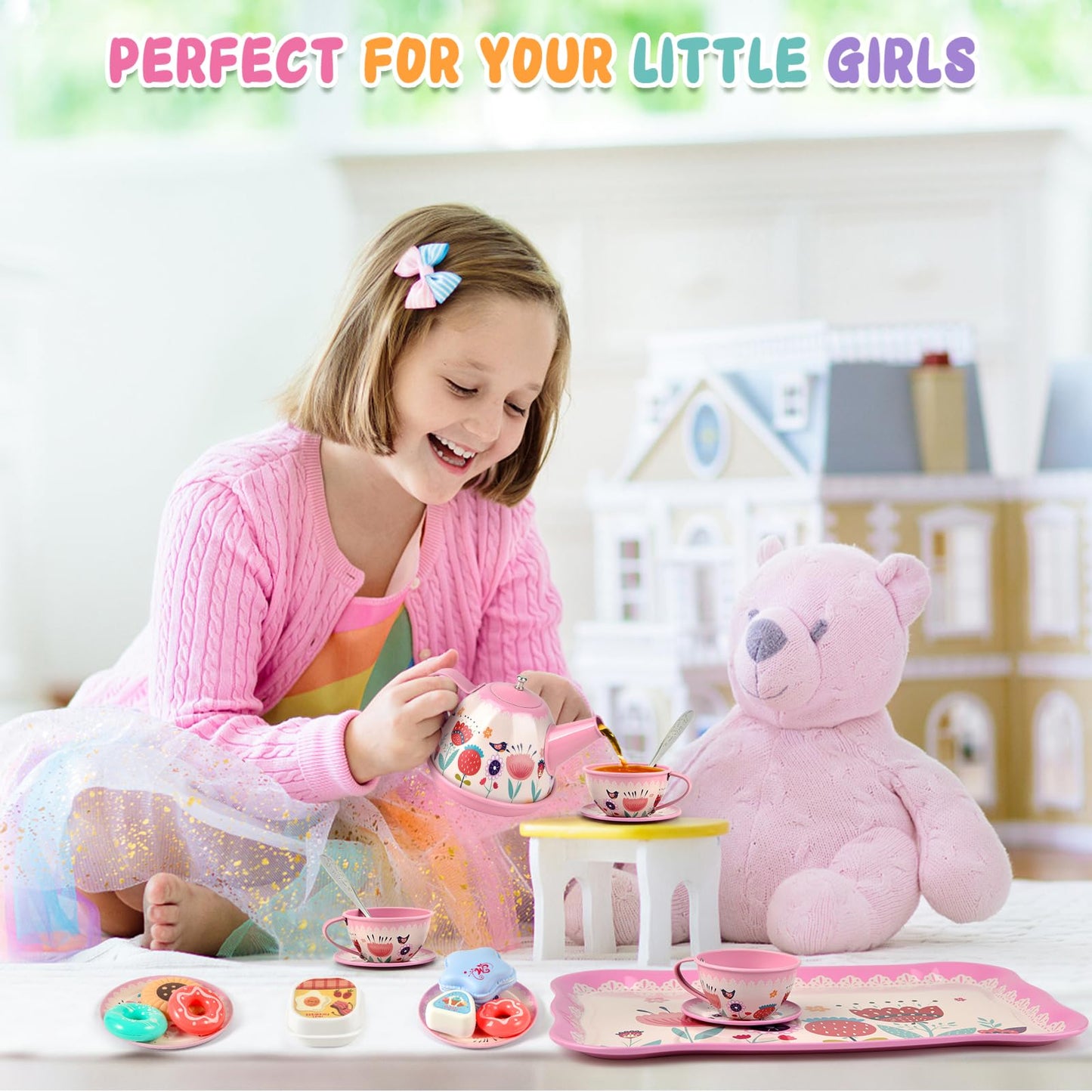 Tea Party Set for Little Girls, Flower Tea Set Toys for Girls Age 3 4 5 6 Year Old, Toddler Kids Kitchen Pretend Play Toys with Tin Tea Set, Cake Stand, for Girls