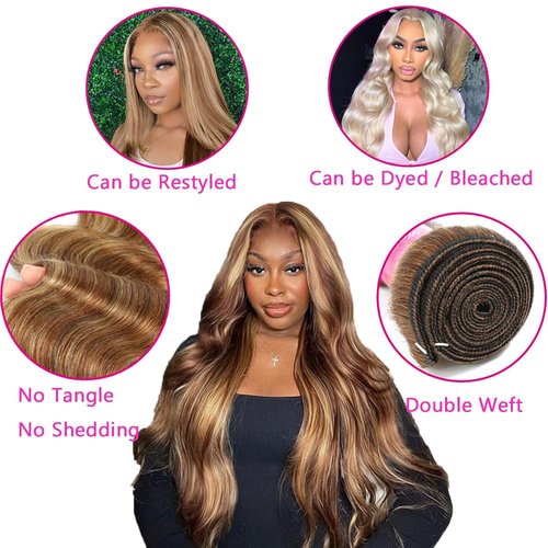 P4/27 Human Hair Highlight Honey Blonde Body Wave Bundles 100% Unprocessed Brazilian Virgin Hair Ombre Brown Highlight Body Wave 3 Bundles for Black Women