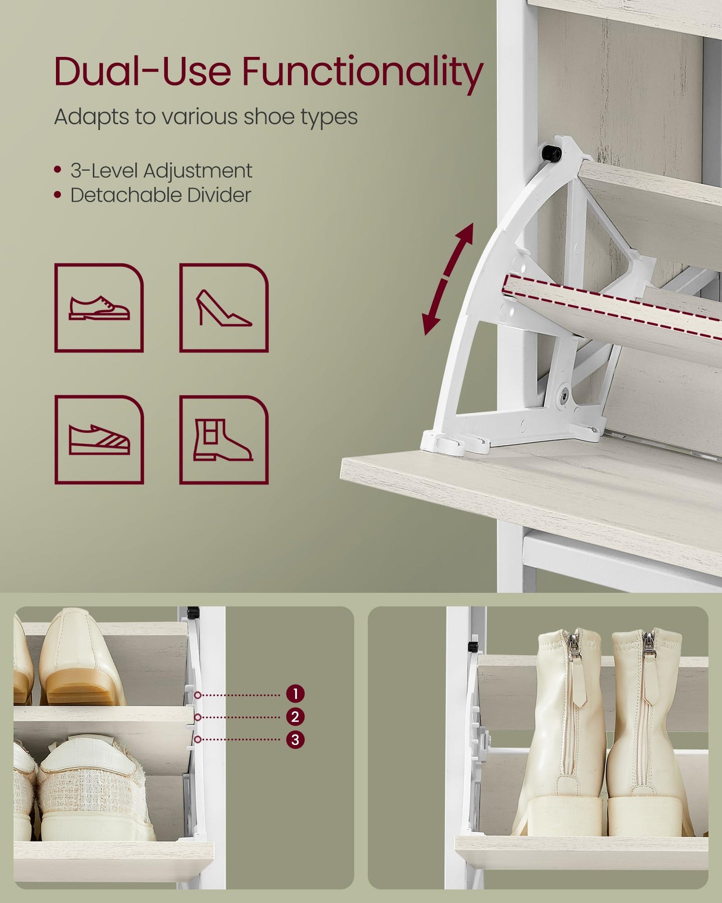 VASAGLE Shoe Cabinet with 3 Flip Drawers, Shoe Storage Cabinet, Asjustable and Removable Dividers, Holds 15-24 Pairs of Shoes, 11.8 x 31.5 x 51.2 Inches, Rustic White and Matte White ULBS802W01