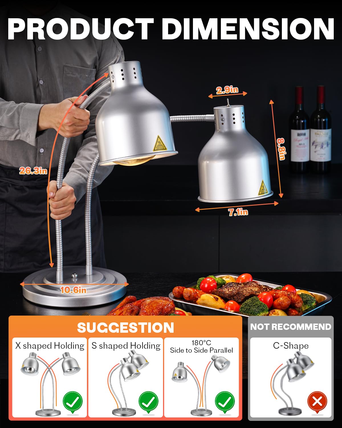 Food Heat Lamp: [Rapid-Heating Bulbs Included] [Steady Heating] Commercial Food Warmer Lamp, Electric Heat Lamp for Food Catering Food Warming Lamp for Buffet Parties (Painted Silver, 32" (2-Head))