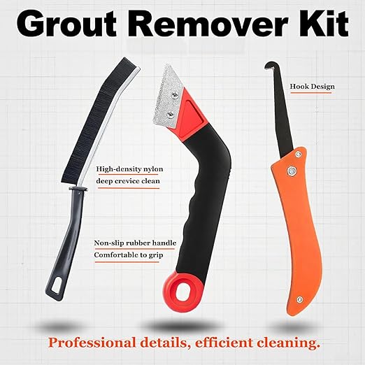 Grout Removal Tool Kit, 2 Tile Grout Saws with 6 Replacement Blades, Hand Grout Saw and 2 Cleaning Blades, 2 Brushes for Tile Gap Cleaning and Repair