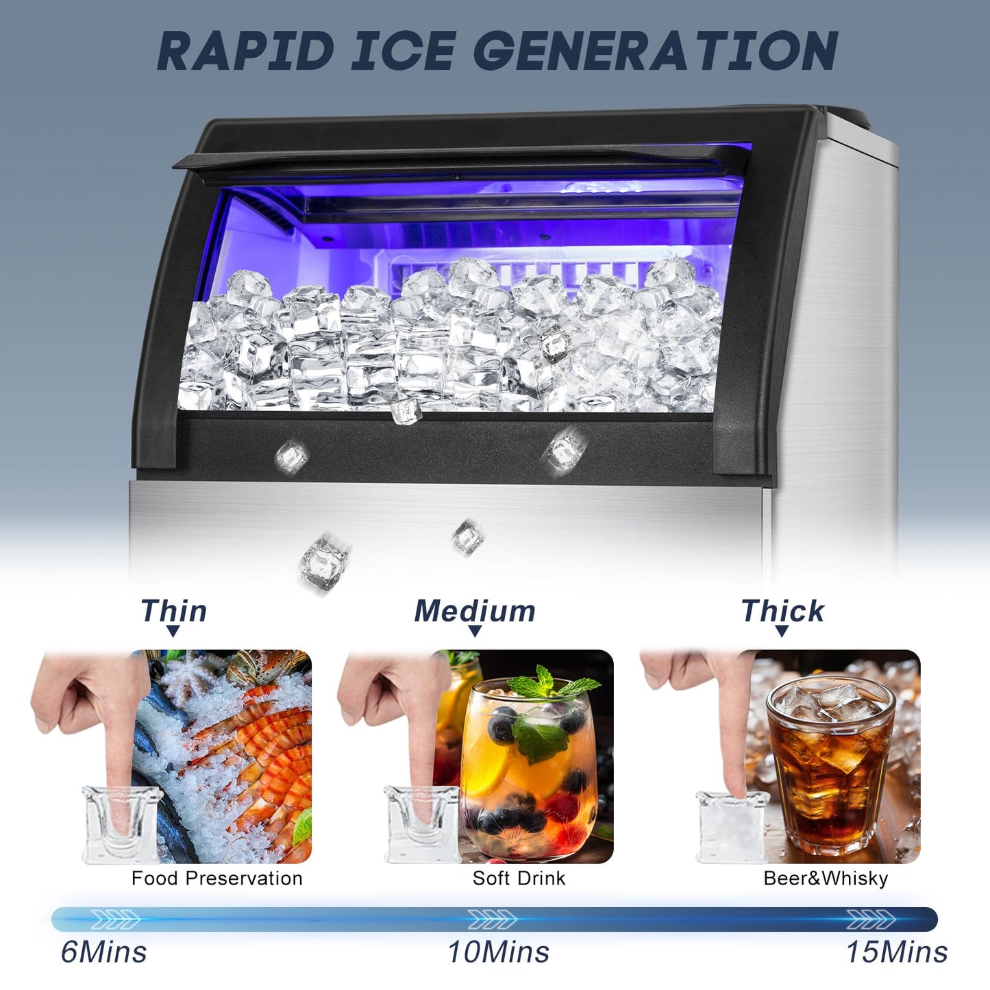 Commercial Ice Maker Machine 150LBS/24H, 45LBS Storage Bin, 55 Ice Cubes Ready in 8 Mins, Freestanding Ice Machine with Tap Water Inlet, Auto Cleaning, for Home Bar Office Restaurant