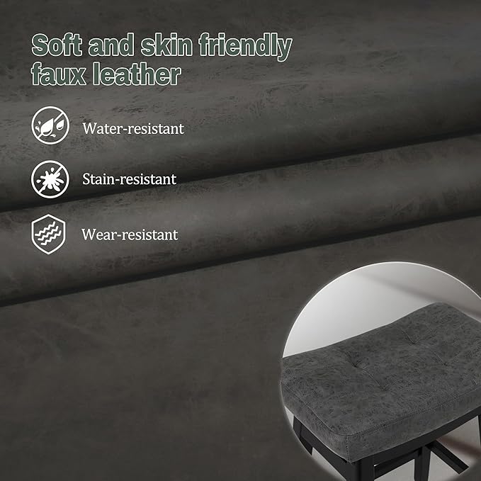 RNKSFX Counter Height Bar Stools Set of 2 for Kitchen Counter Farmhouse Modern Barstools with Faux Leather Upholstered Backless Seat and Solid Wood Legs 24 inch Bar Chairs, Grey + Black
