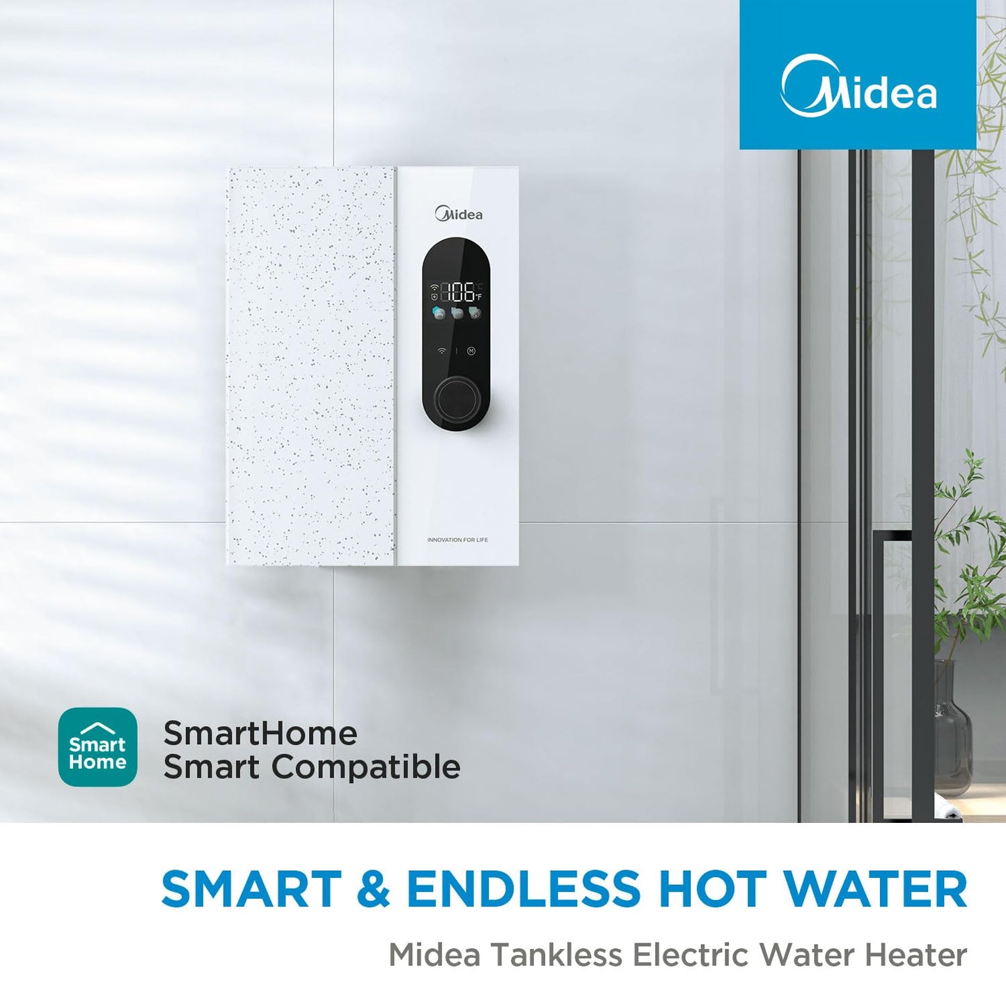Midea 18KW Electric Tankless Water Heater, Touch Control, Wi-Fi Control, LED Display, Child Mode, 240 Volts with Automatic Power Modulation, On-demand Hot Water, White