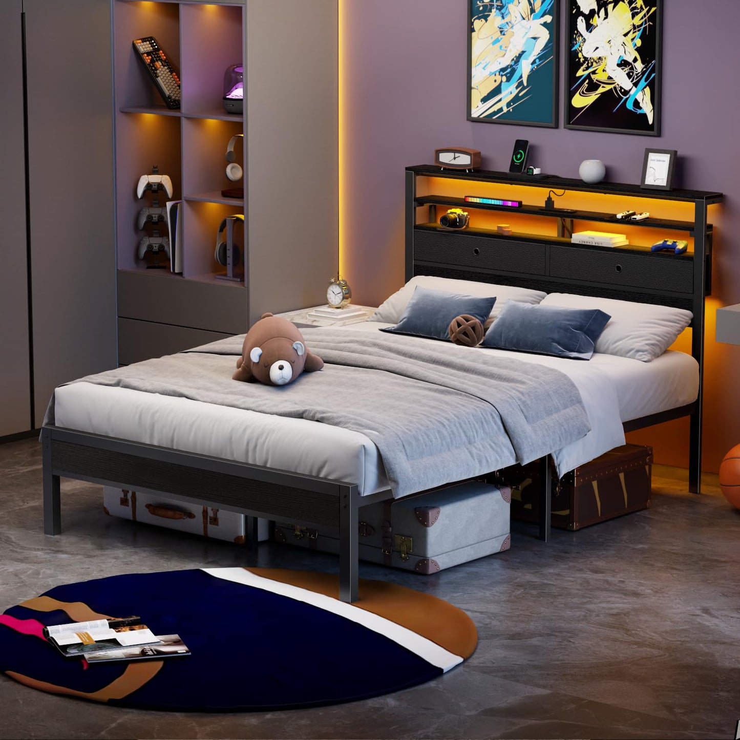 Furnulem Full Size Bed Frame with Headboard & 2 Fabric Drawers, Full Platform Bed Featuring LED Lights, Built-in Charging Station & Storage Shelves, Metal Slats, No Box Spring Needed – Black Oak
